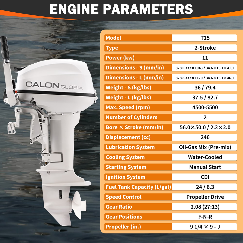 T15BS / 15HP 2 Stroke Boat Outboard Engine Marine Propulsion Motor For Private Water Use