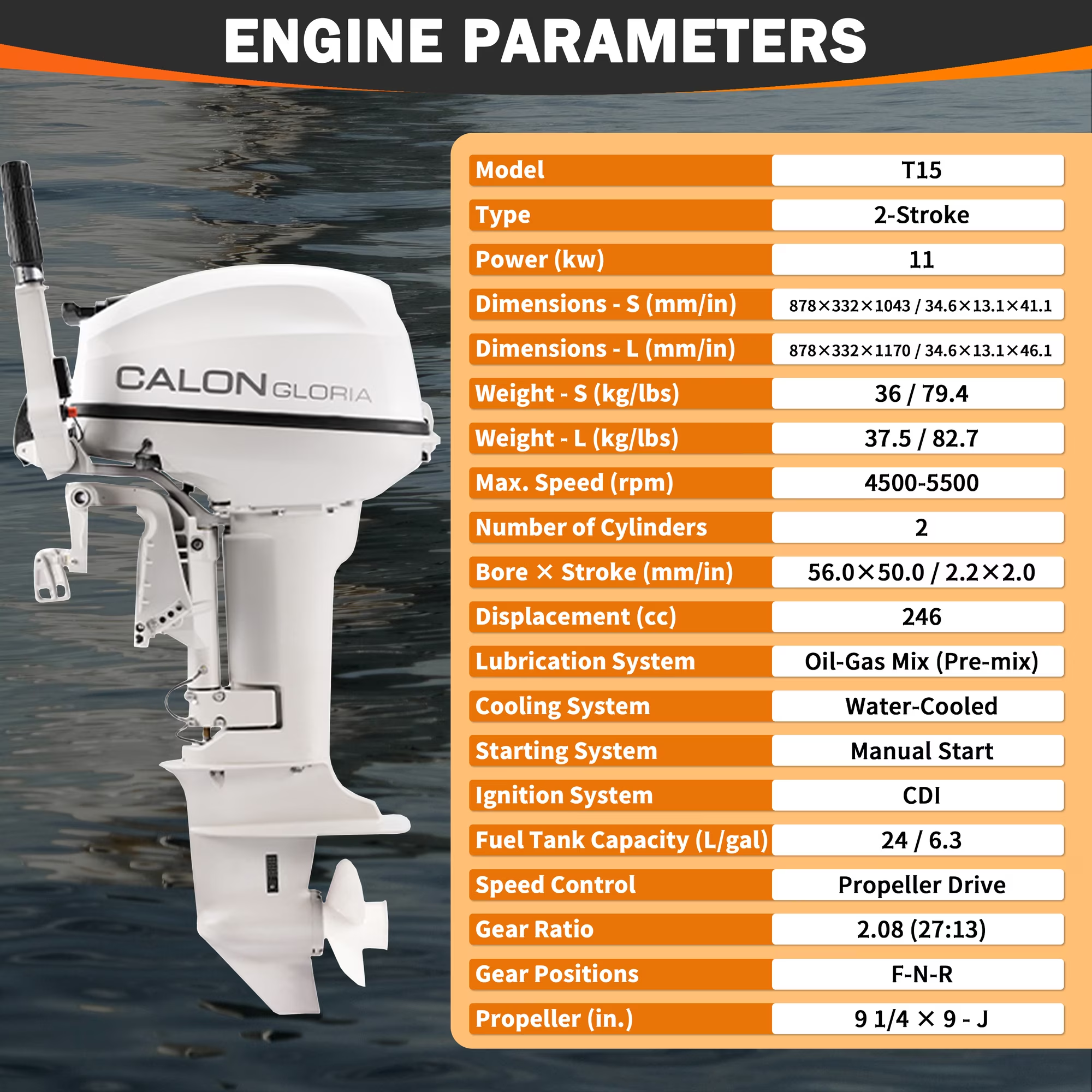 T15BS / 15HP 2 Stroke Boat Outboard Engine Marine Propulsion Motor For Private Water Use