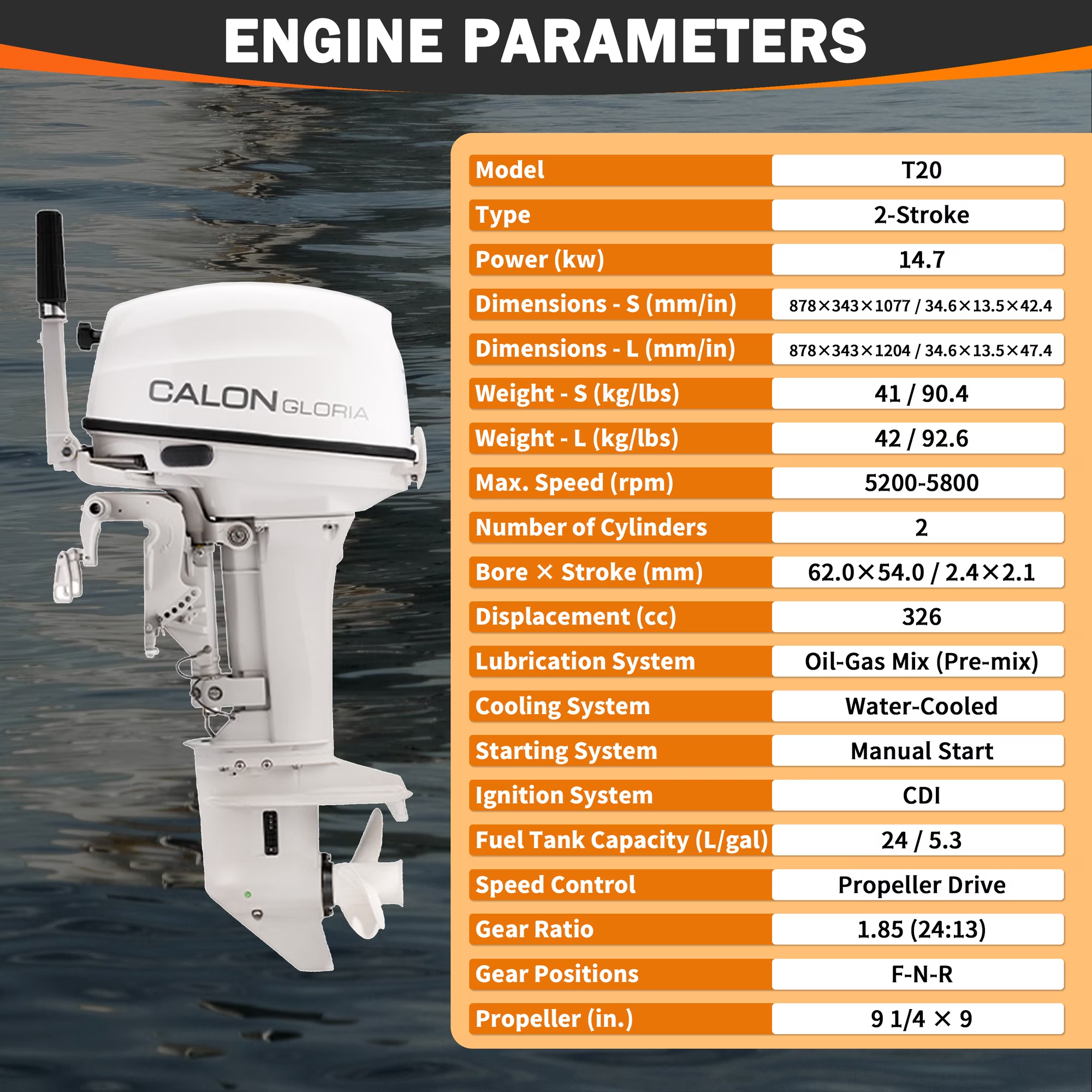 T20BL / 20HP 2 Stroke Gasoline Outboard Motor | Manual/Electric Start, Tiller/Remote Control for Fishing Boat