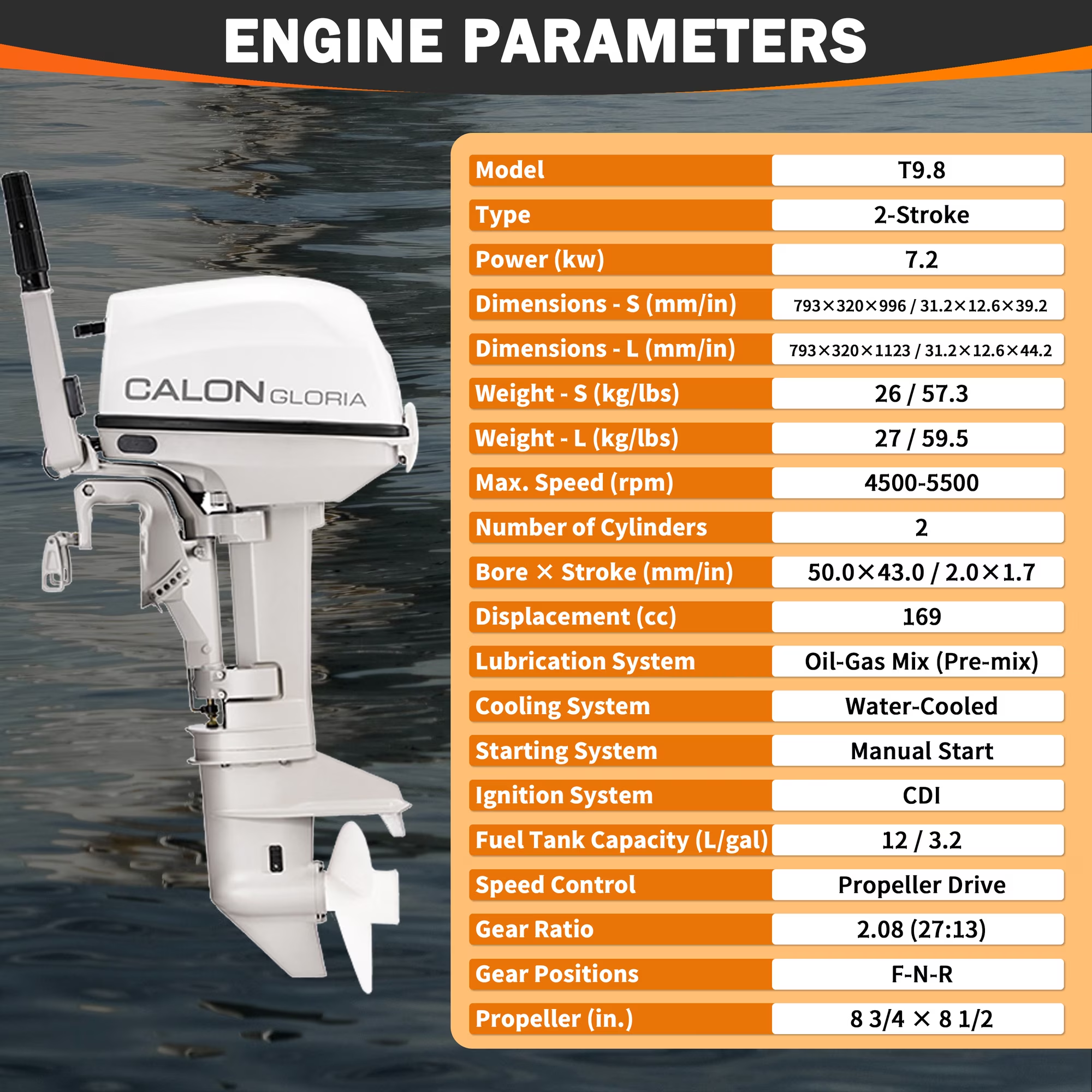 T9.8BS / 9.8HP 2 Stroke Boat Outboard Engine Marine Propulsion Motor For Private Water Use